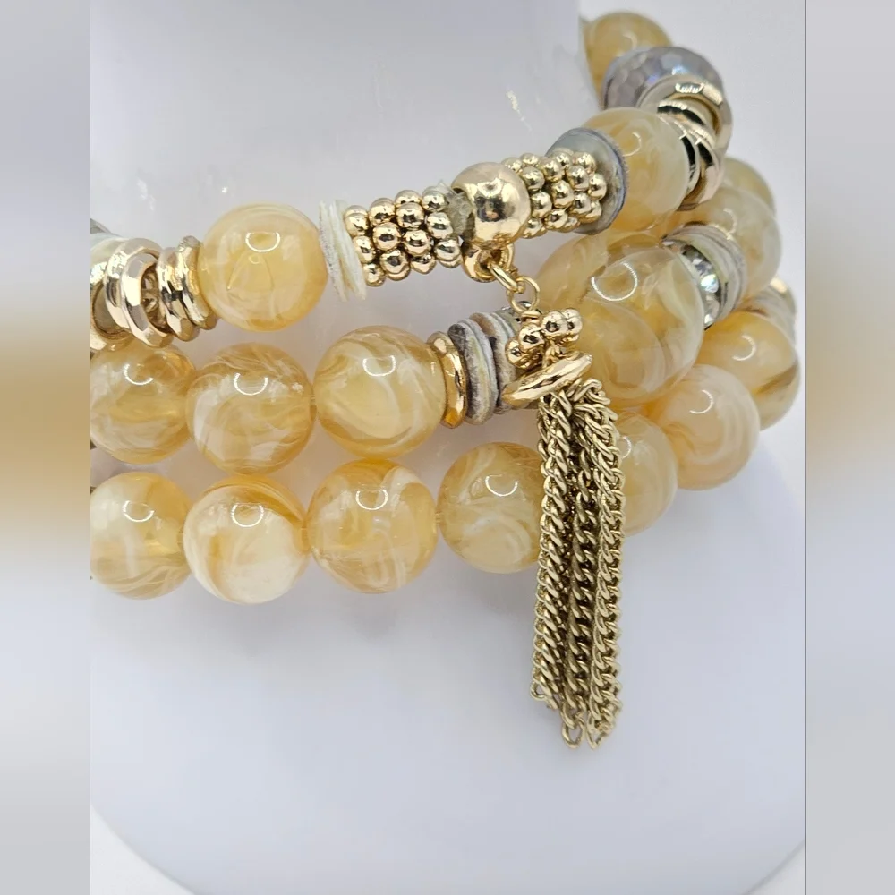 CHICO'S Vinia Tan and Gold Beaded Stretch‎ Bracelet Set
